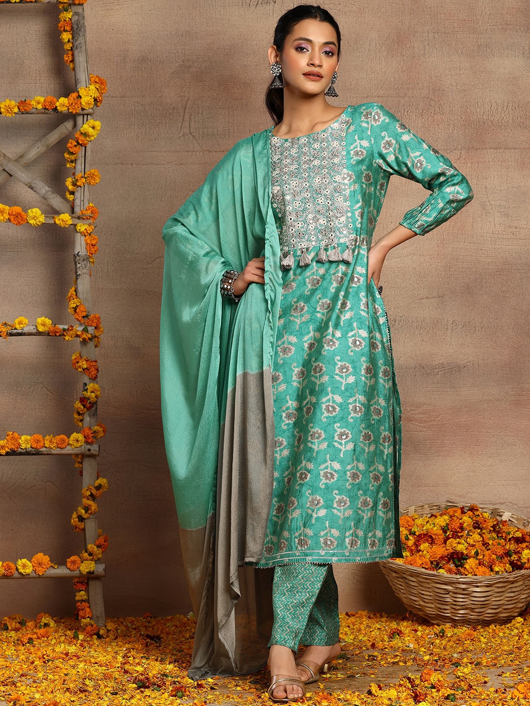 

INDYA Floral Printed Round Neck Mirror Work Kurta Trousers & Dupatta Sets, Green