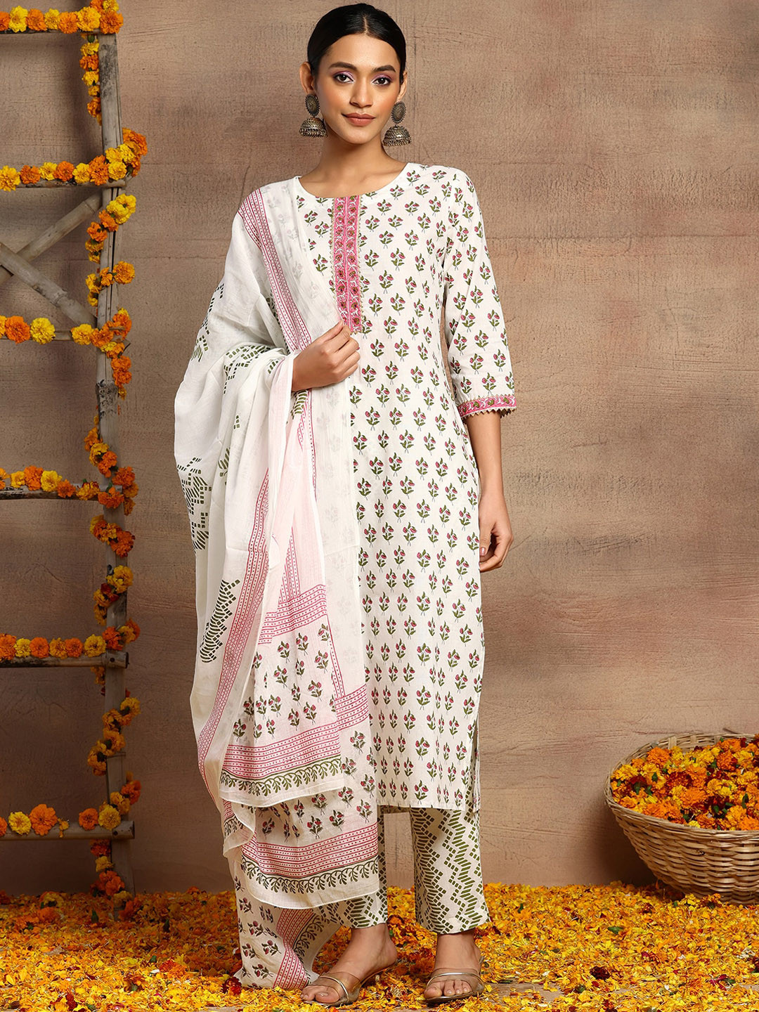 

INDYA Ethnic Motifs Printed Pure Cotton Straight Kurta With Trouser & Dupatta Set, White