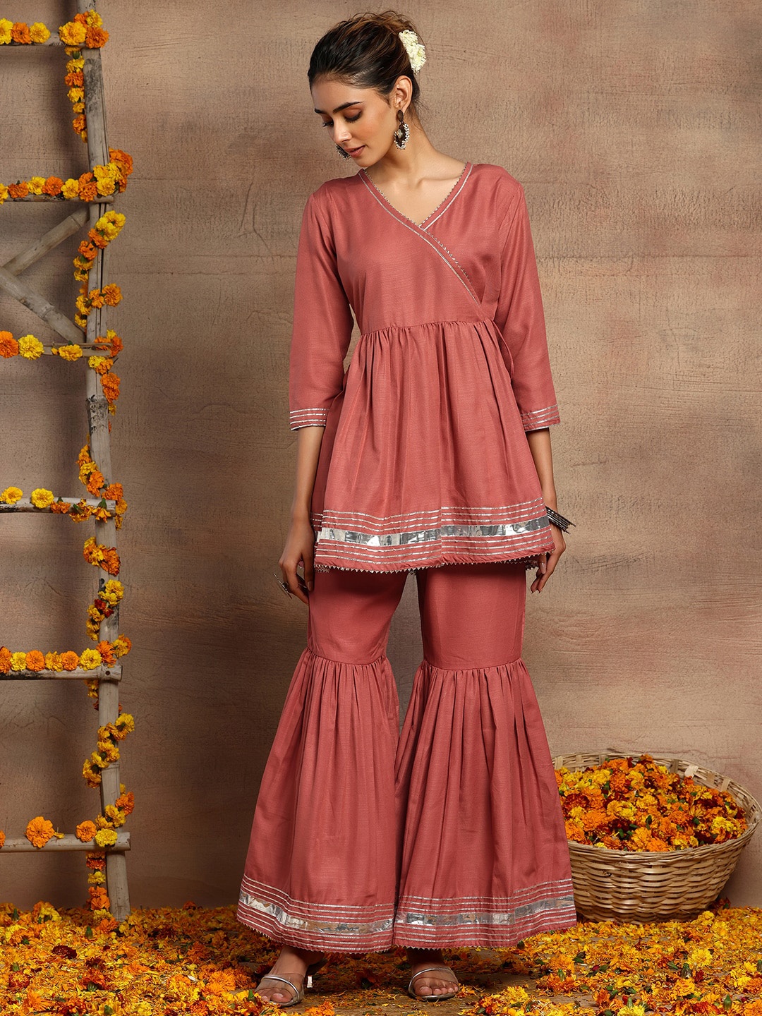 

INDYA V-Neck A-Line Gotta Patti Kurti With Sharara, Pink