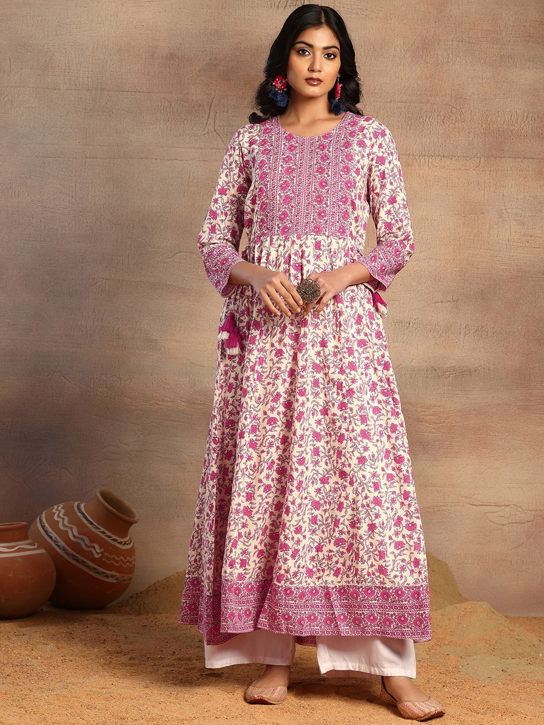 

INDYA Floral Printed Anarkali Kurta, White