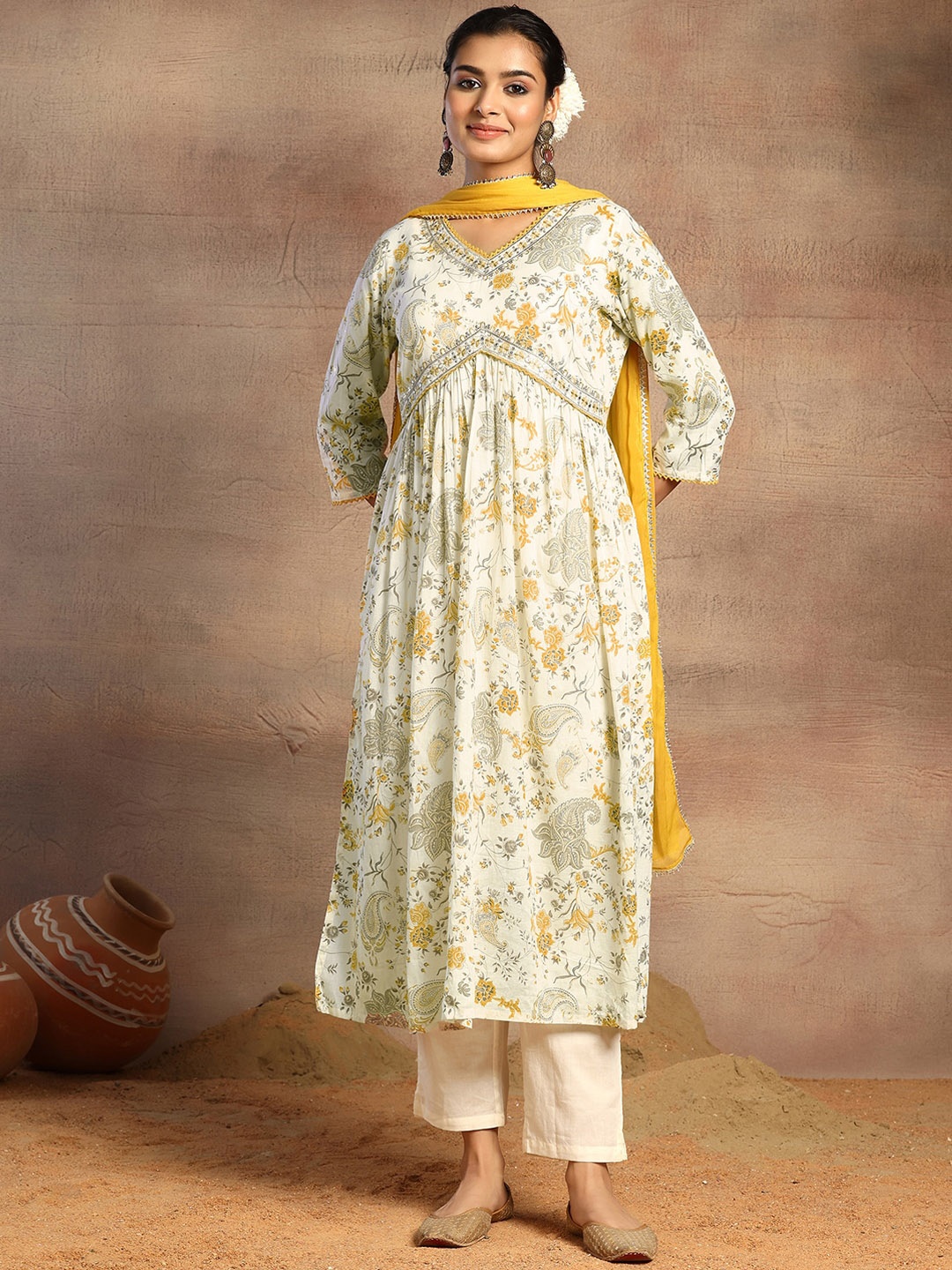 

INDYA Floral Printed V-Neck Pure Cotton A-Line Kurta With Trousers & Dupatta, White