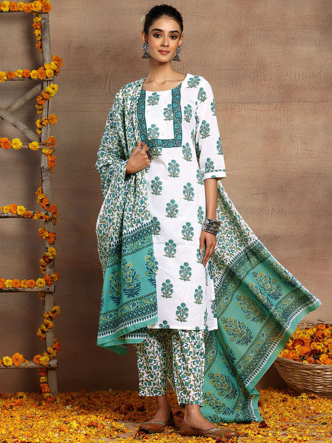 

INDYA Floral Printed Pure Cotton Round Neck Striaight Kurta With Trousers & Dupatta, White