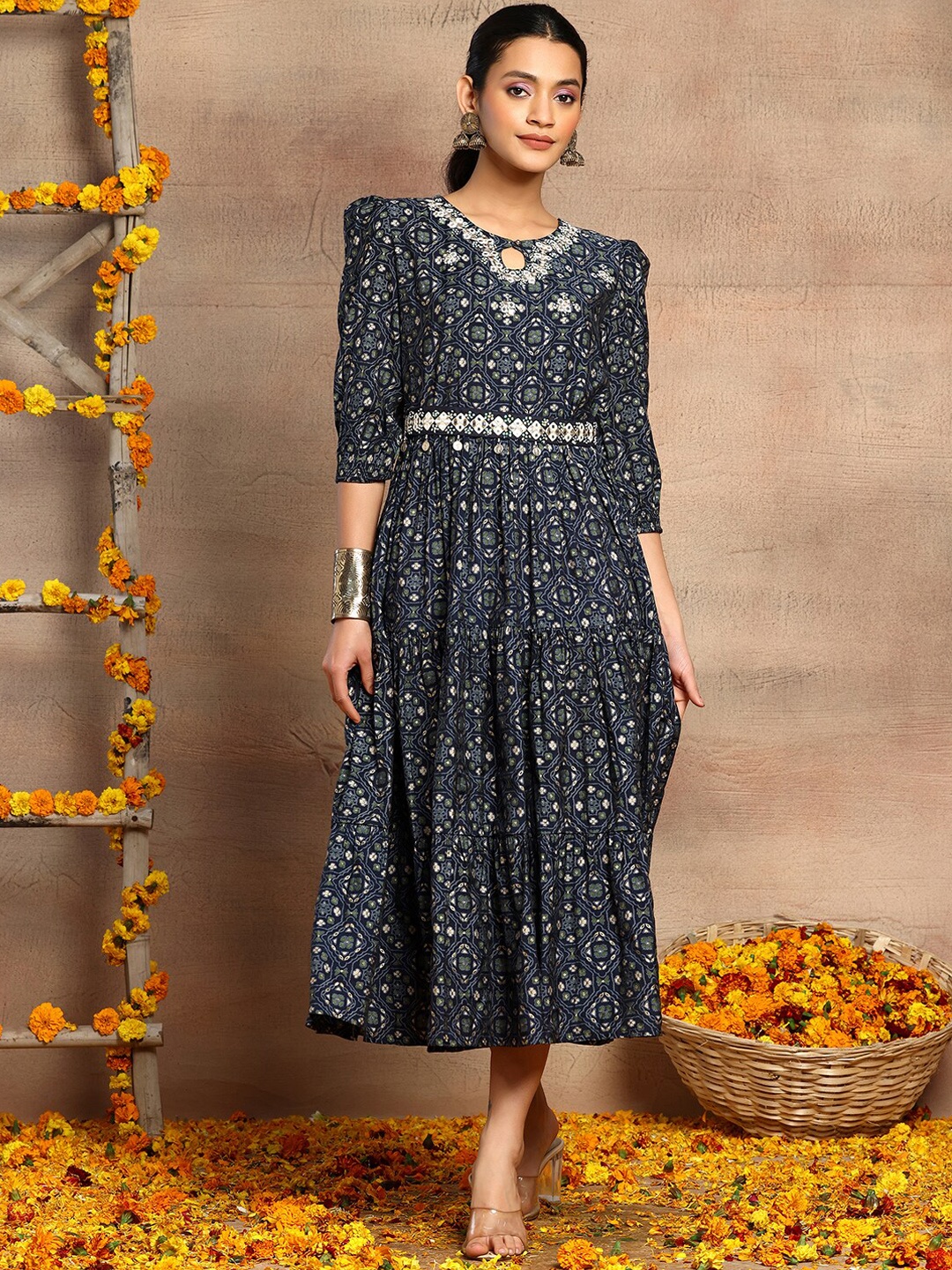 

INDYA Ethnic Motifs Printed Keyhole Neck Embellished Tiered A-Line Ethnic Dress With Belt, Navy blue