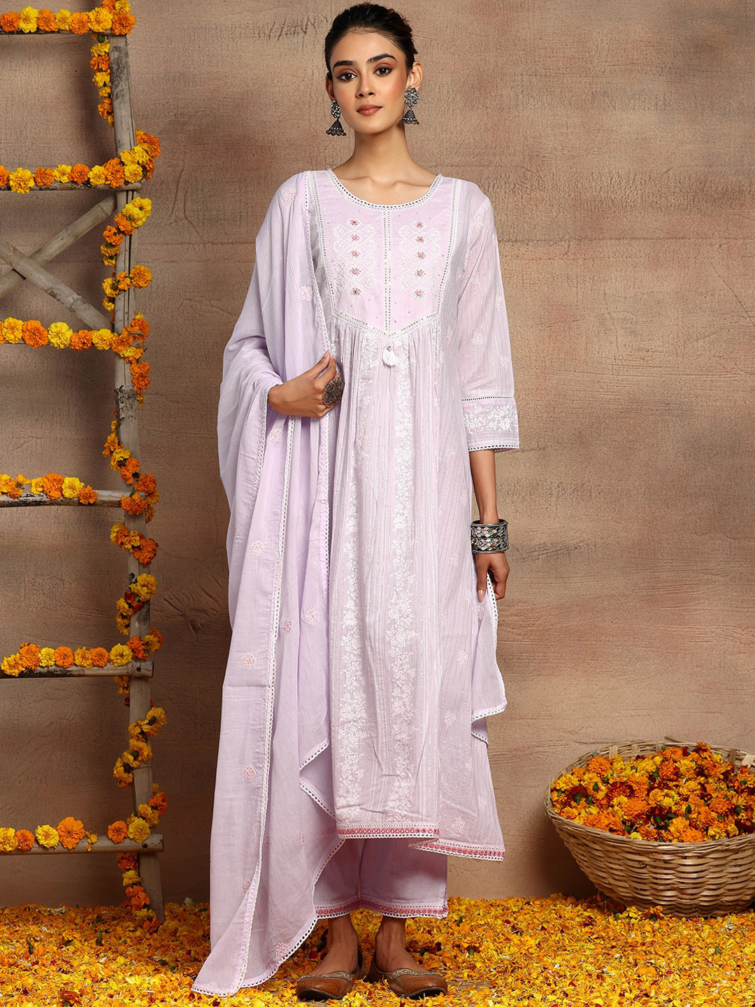 

INDYA Round Neck Floral Embroidered Pure Cotton A-Line Kurta With Trousers & Dupatta, Purple