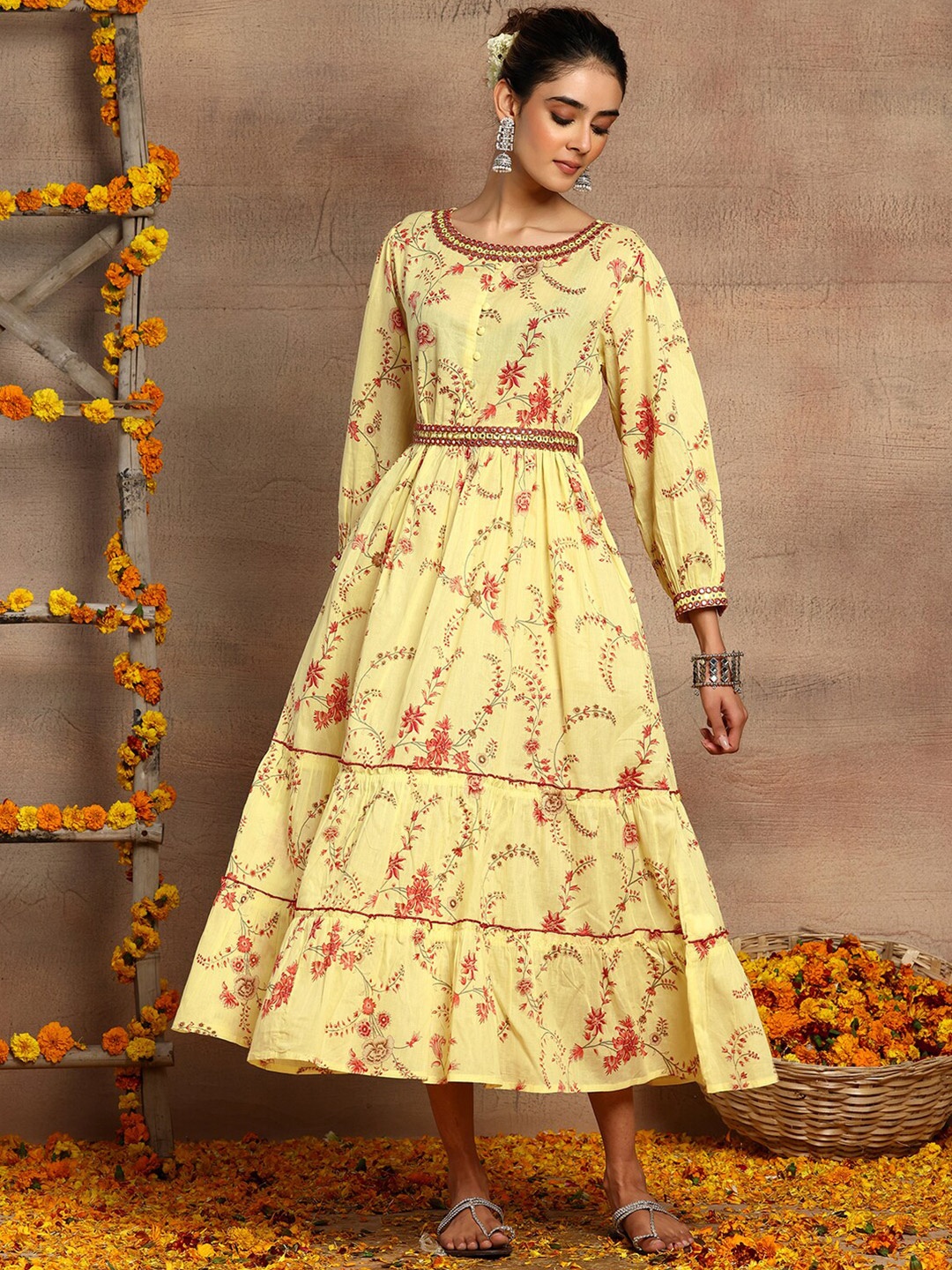 

INDYA Floral Printed Round Neck Pure Cotton Ethnic Dress, Yellow