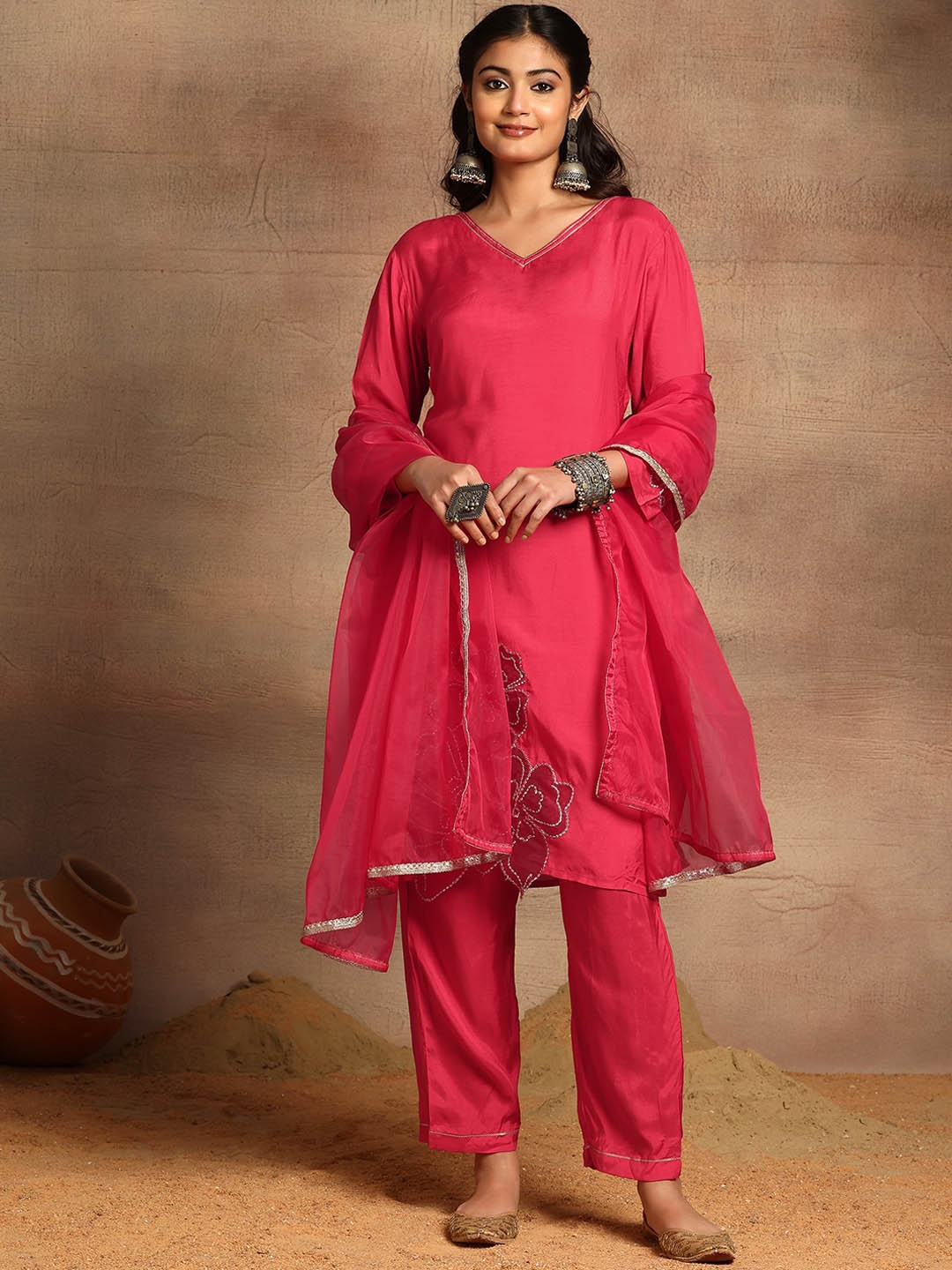 

INDYA V-Neck Embroidered Straight Kurta With Trousers & Dupatta, Red