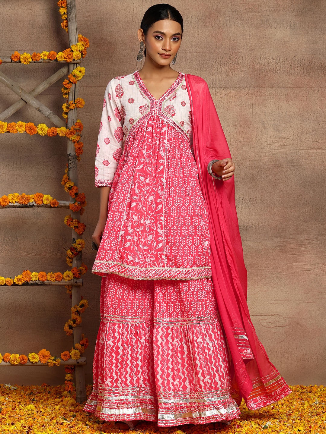 

INDYA Floral Printed V-Neck Pure Cotton Anarkali Kurta With Sharara And Dupatta, Pink