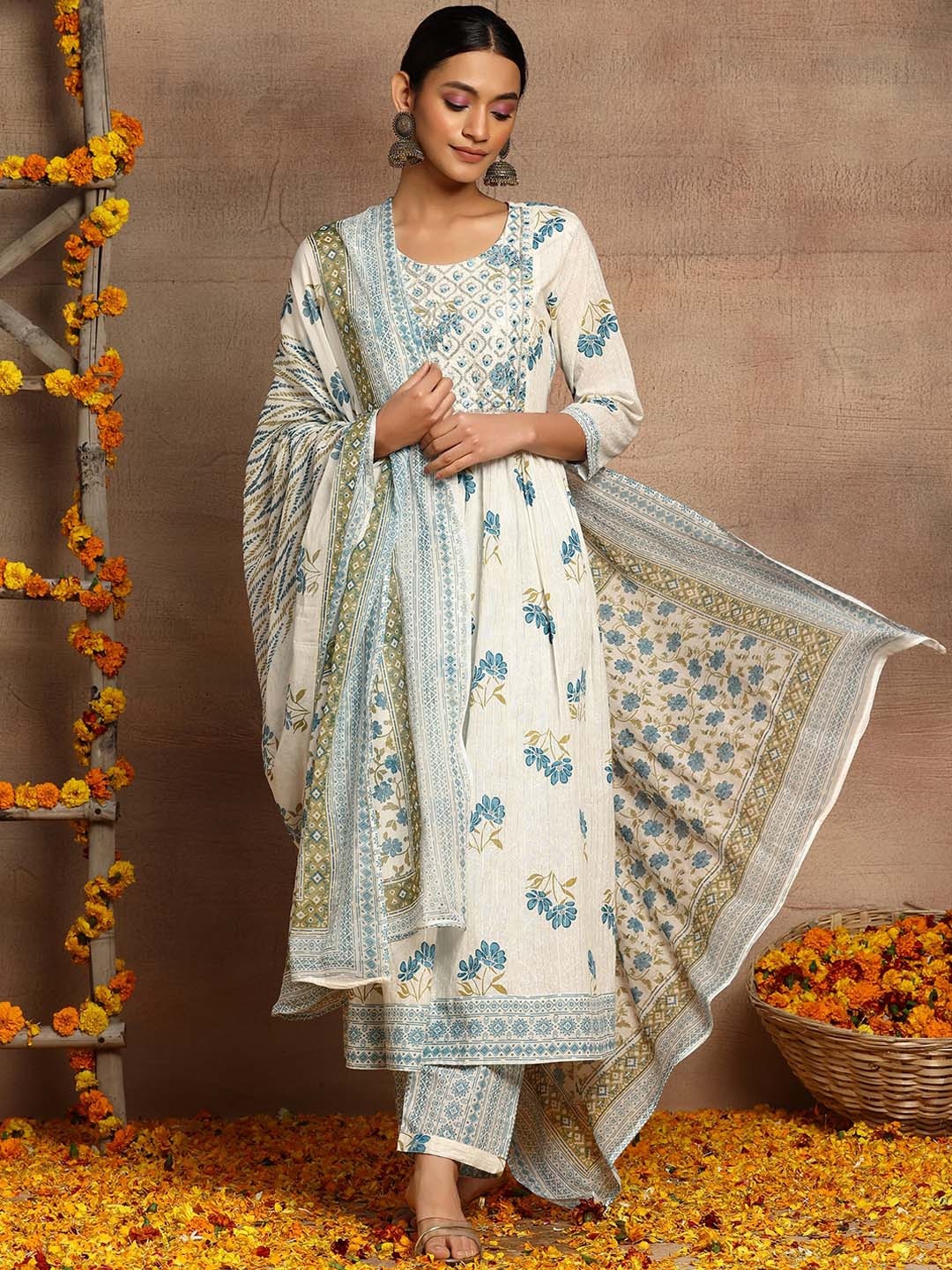 

INDYA Printed Cotton Kurta Trousers & Dupatta Sets, Blue