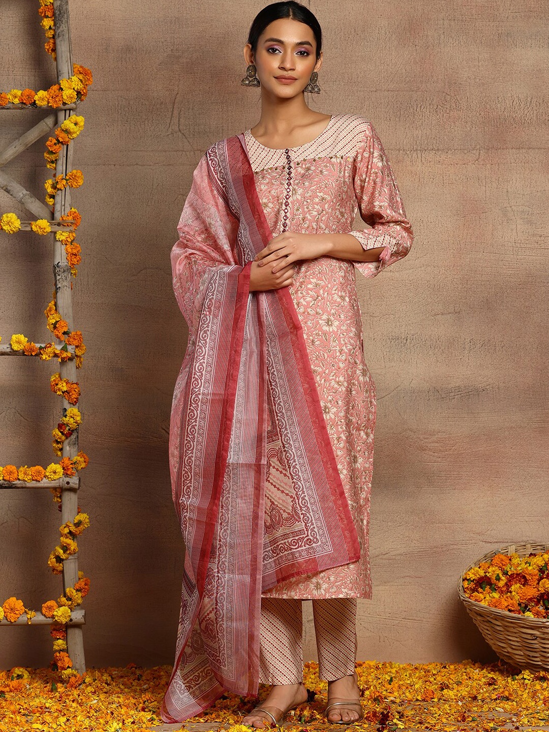 

INDYA Floral Printed Mirror Work Pure Cotton Kurta With Trousers & Dupatta, Pink