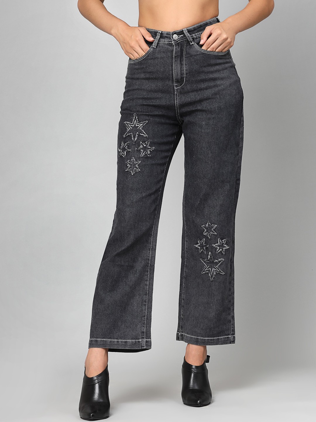 

Kook N Keech Women Wide Leg High-Rise Stretchable Jeans, Charcoal