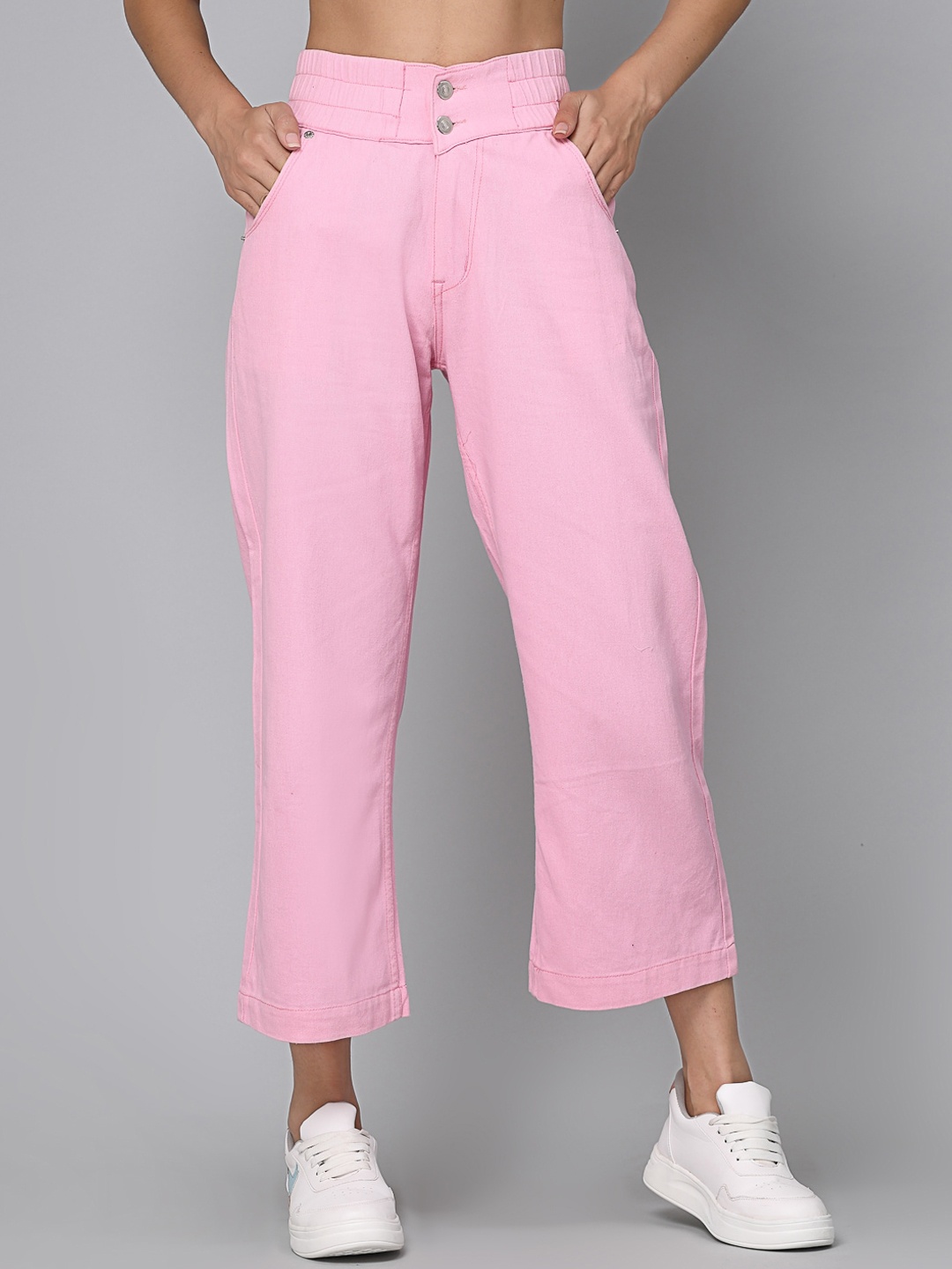

Kook N Keech Women Wide Leg High-Rise Low Distress Stretchable Jeans, Pink