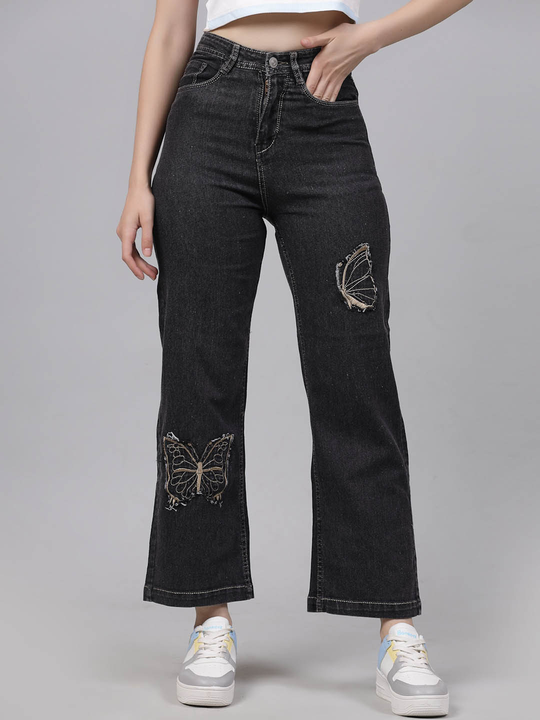 

Kook N Keech Women Wide Leg High-Rise Jeans, Charcoal