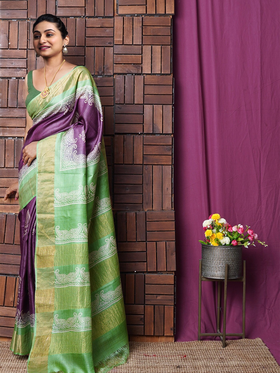

Unnati Silks Ethnic Motifs Printed Zari Handloom Pure Silk Tussar Saree, Purple