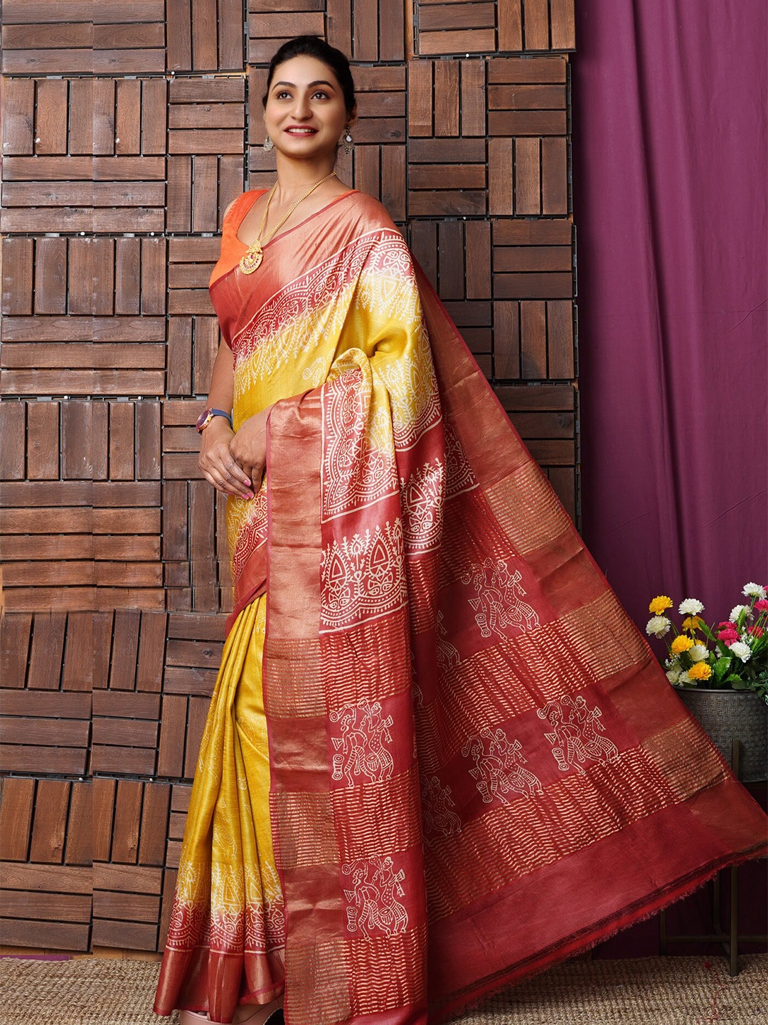 

Unnati Silks Ethnic Motifs Zari Pure Silk Handloom Tussar Saree, Yellow