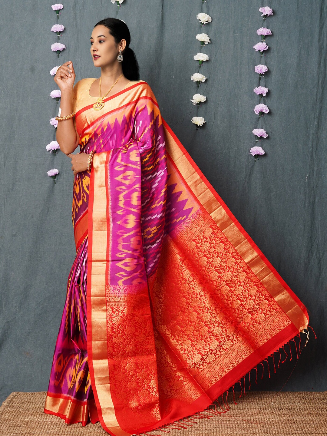 

Unnati Silks Geometric Printed Zari Pure Silk Handloom Pochampally Saree, Purple