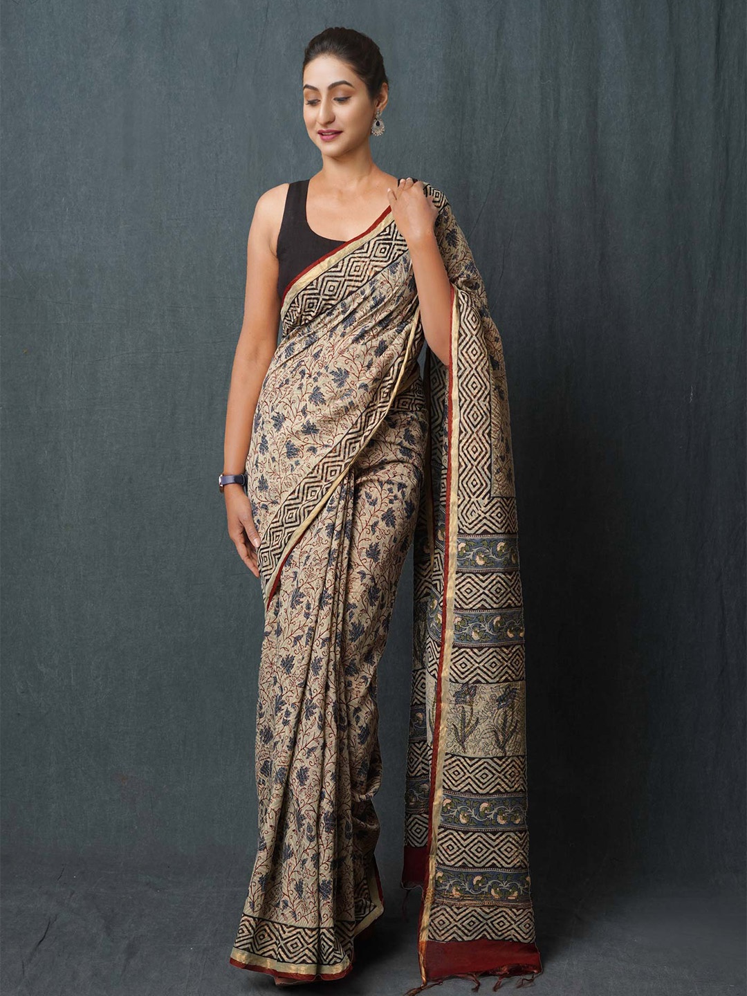 

Unnati Silks Bagh Zari Silk Cotton Handloom Chanderi Saree, Blue