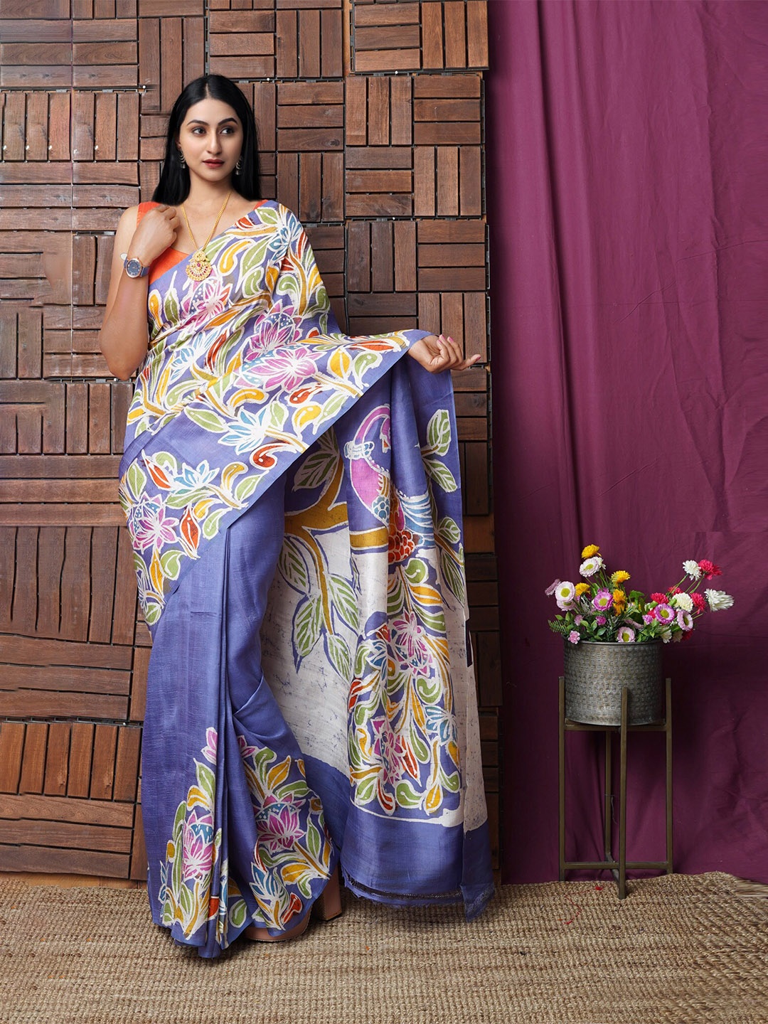 

Unnati Silks Batik Pure Silk Handloom Murshidabad silk Saree, Blue