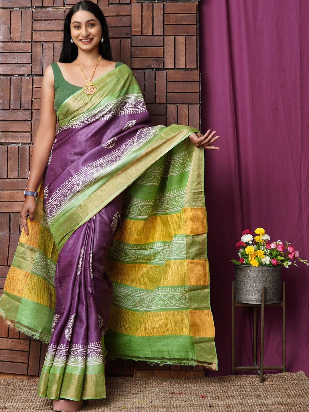 

Unnati Silks Ethnic Motifs Printed Zari Handloom Pure Silk Tussar Saree, Purple