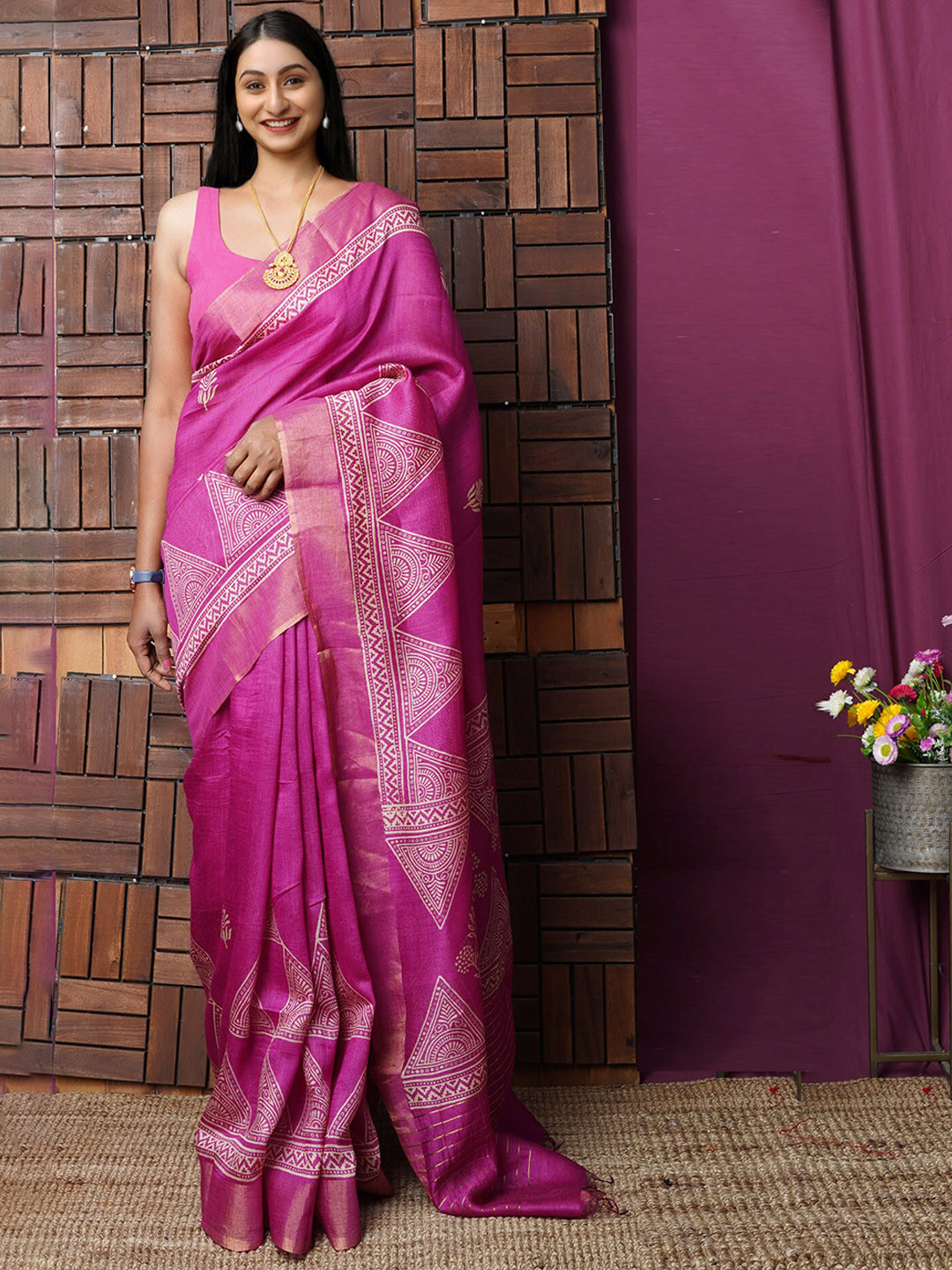

Unnati Silks Ethnic Motifs Printed Zari Handloom Murshidabad Silk Saree, Pink
