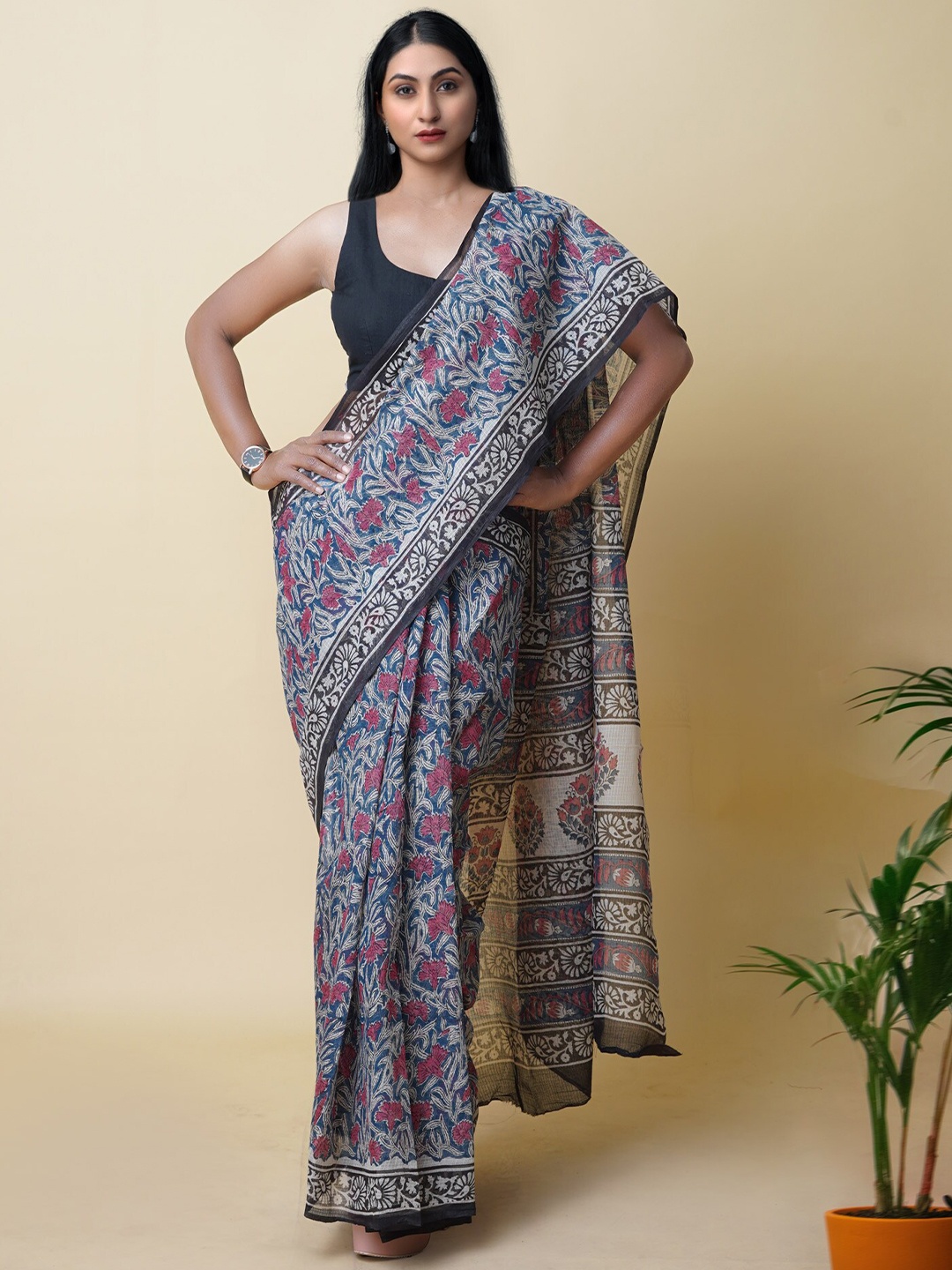 

Unnati Silks Ethnic Motifs Silk Cotton Handloom Kota Saree, Blue