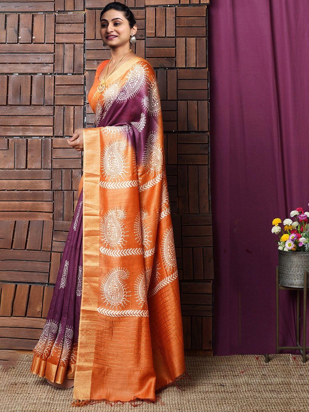 

Unnati Silks Ethnic Motifs Printed Zari Handloom Murshidabad Silk Saree, Purple