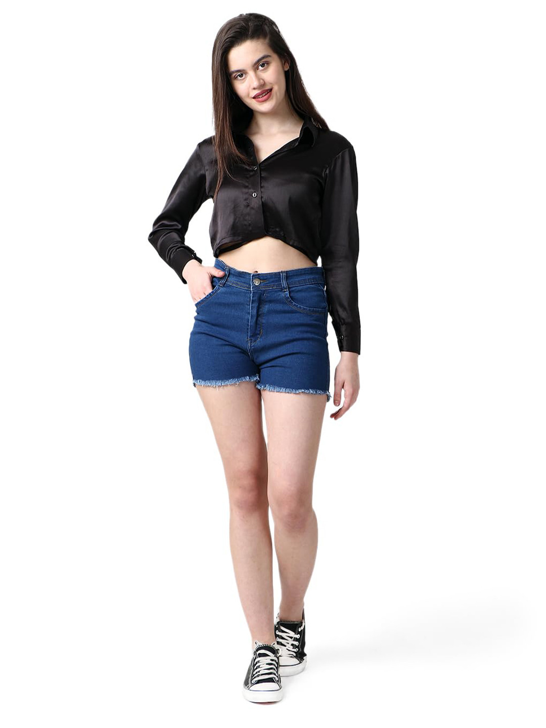 

CareDone Shirt Collar Cuffed Sleeves Waist Tie-Up Detailed Satin Shirt Style Crop Top, Black