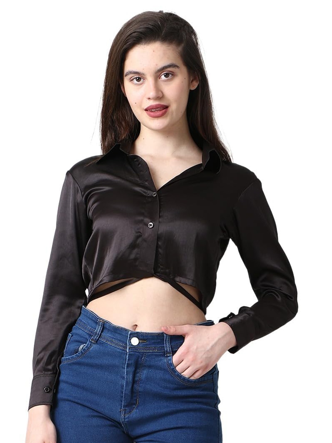

CareDone Shirt Collar Cuffed Sleeves Waist Tie-Up Detailed Satin Shirt Style Crop Top, Black