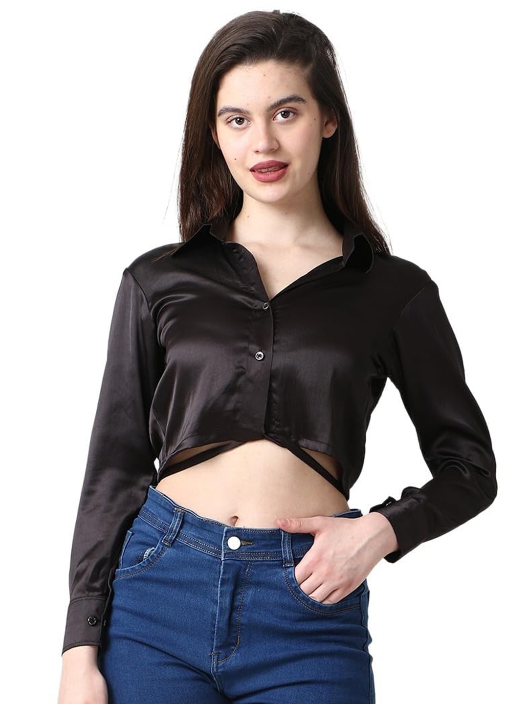 

CareDone Shirt Collar Cuffed Sleeves Waist Tie-Up Detailed Satin Shirt Style Crop Top, Black