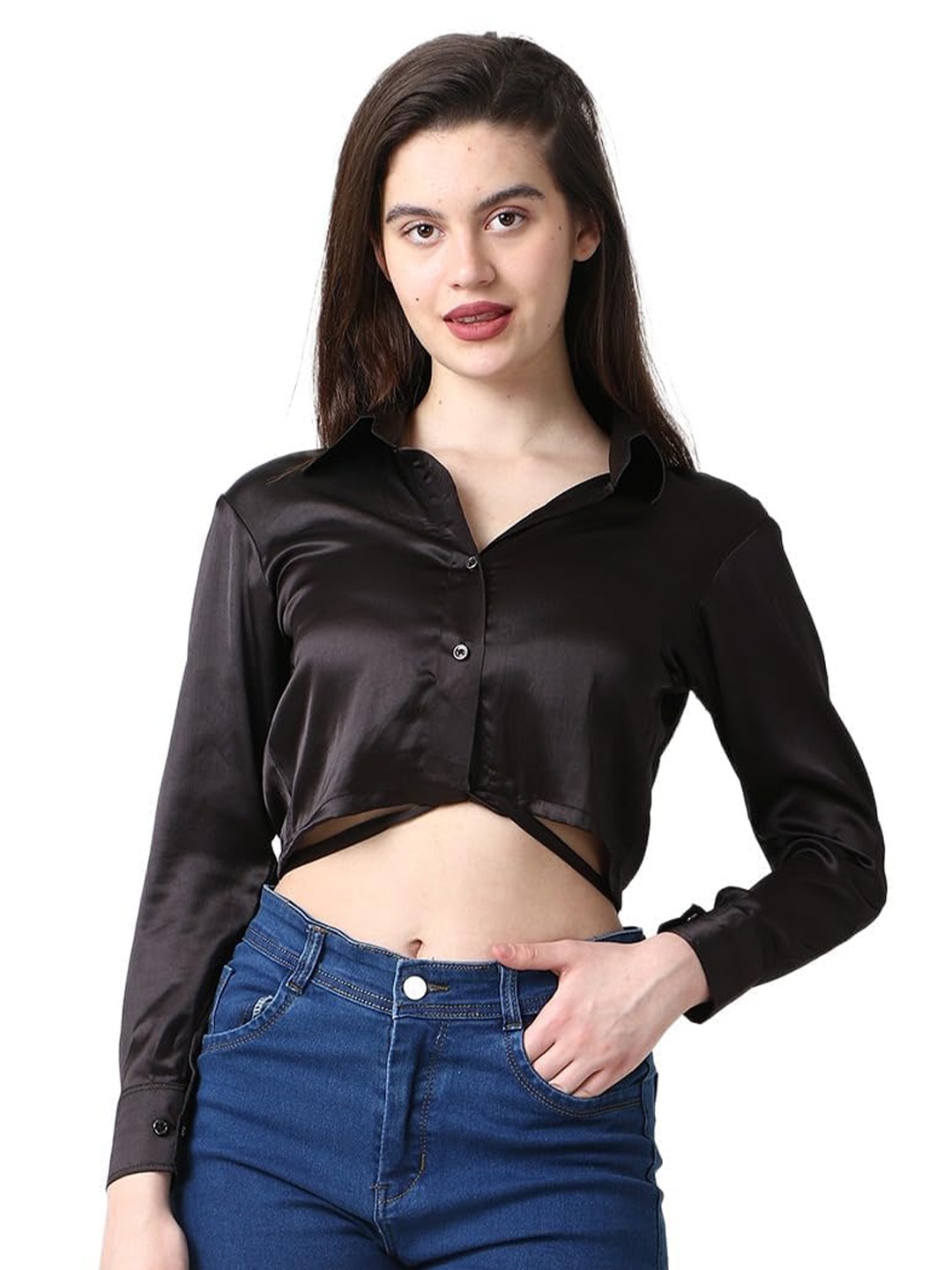 

CareDone Shirt Collar Cuffed Sleeves Waist Tie-Up Detailed Satin Shirt Style Crop Top, Black