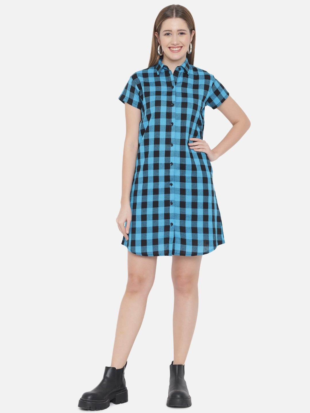 

Indietoga Checked Short Sleeves Pure Cotton Shirt Dress, Turquoise blue