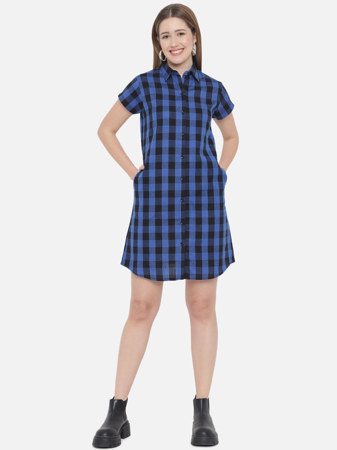 

Indietoga Checked Short Sleeves Pure Cotton Shirt Dress, Blue