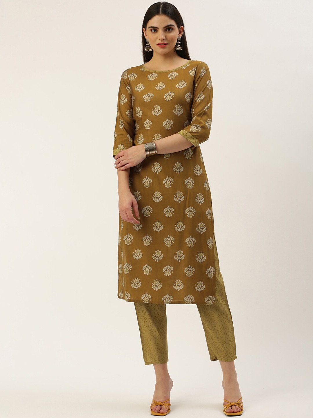 

Shaily Ethnic Motifs Printed Regular Kurta with Trousers & With Dupatta, Mustard