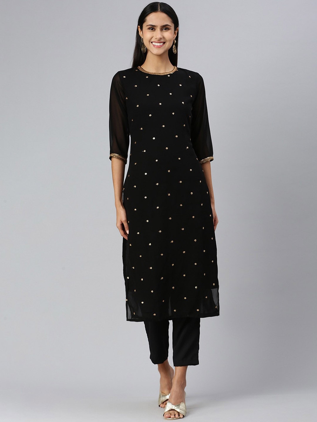 

Shaily Embroidered Regular Sequinned Kurta with Trouser, Black