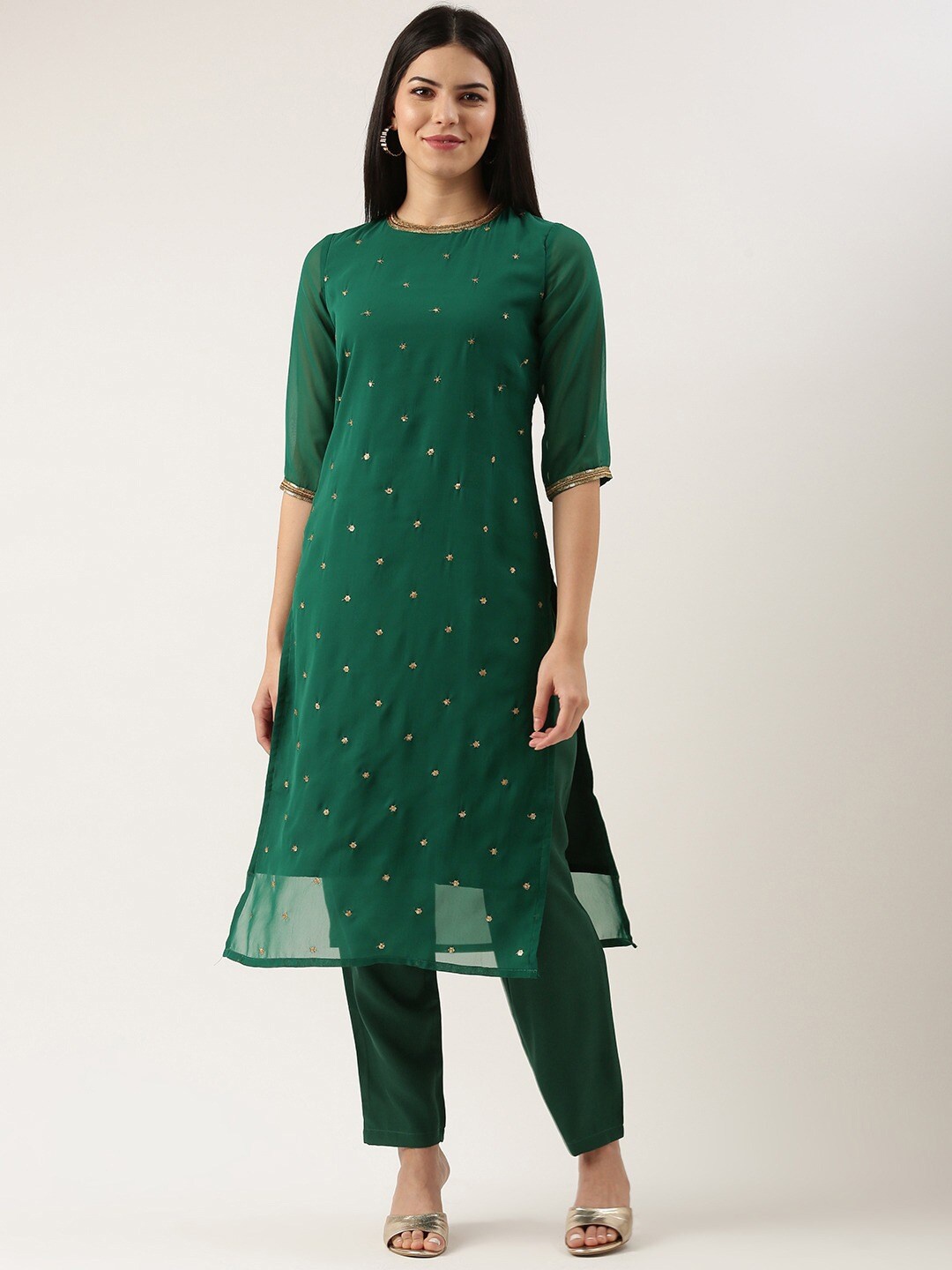 

Shaily Embroidered Regular Sequinned Kurta with Trouser, Green