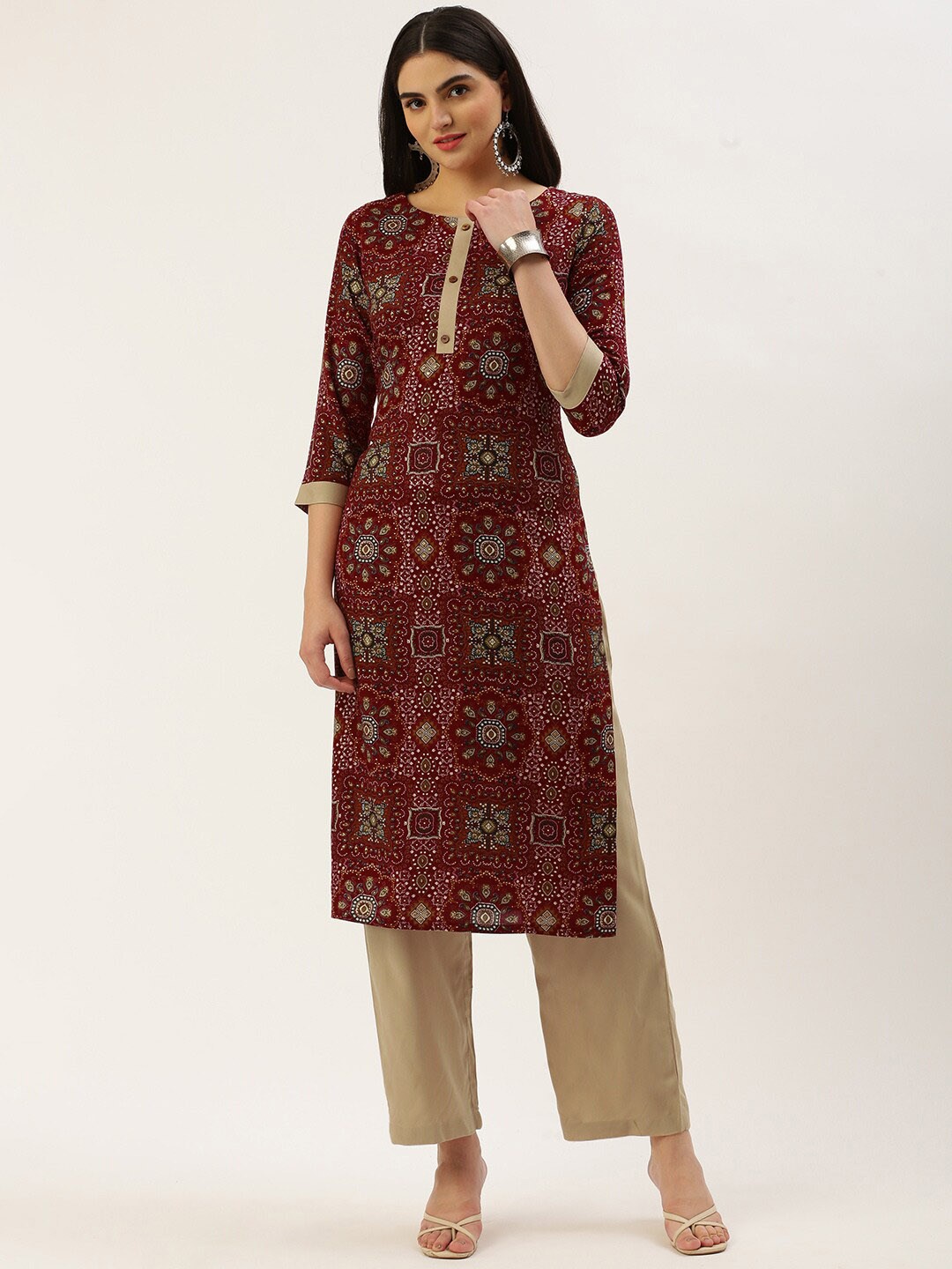 

Shaily Ethnic Motifs Printed Regular Kurta with Trouser, Maroon