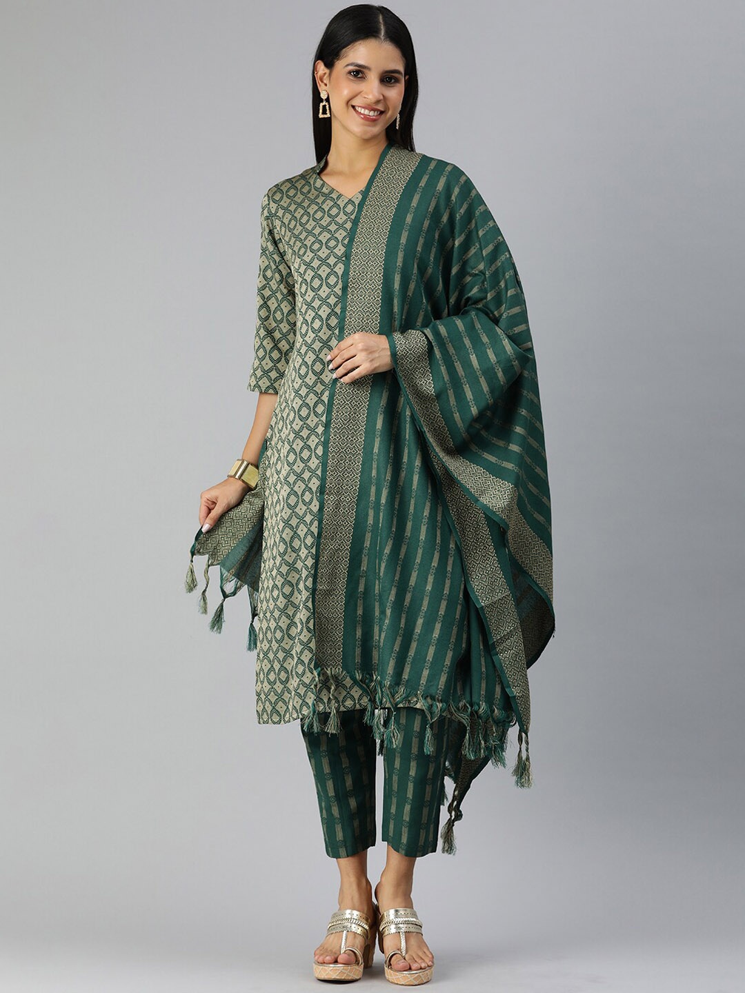 

Shaily Regular Woven Design Kurta with Trousers & With Dupatta, Olive