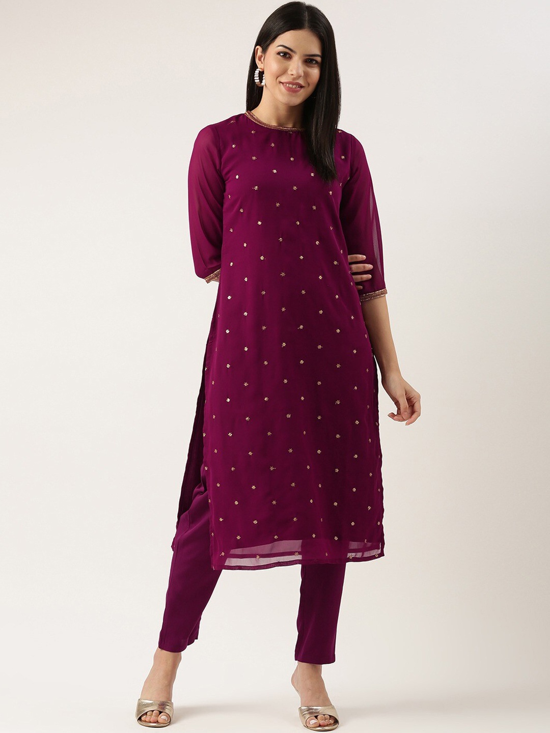 

Shaily Embellished Regular Sequinned Kurta with Trousers & With Dupatta, Purple