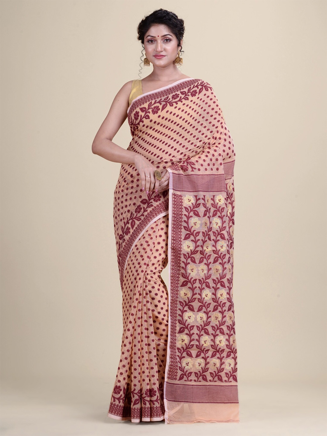 

Laa Calcutta Geometric Woven Design Pure Cotton Jamdani Saree, Beige