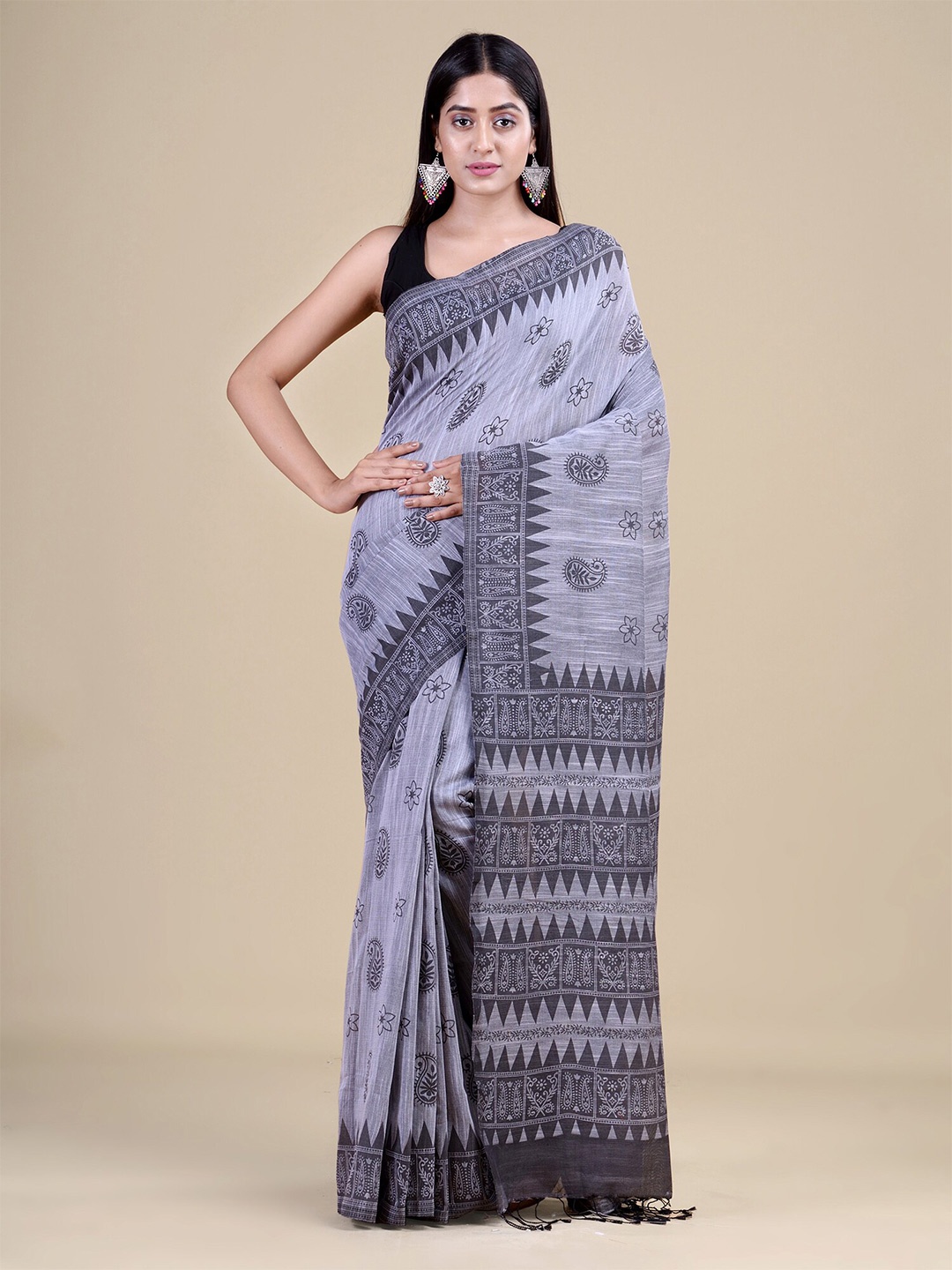 

Laa Calcutta Paisley Printed Silk Cotton Saree, Grey