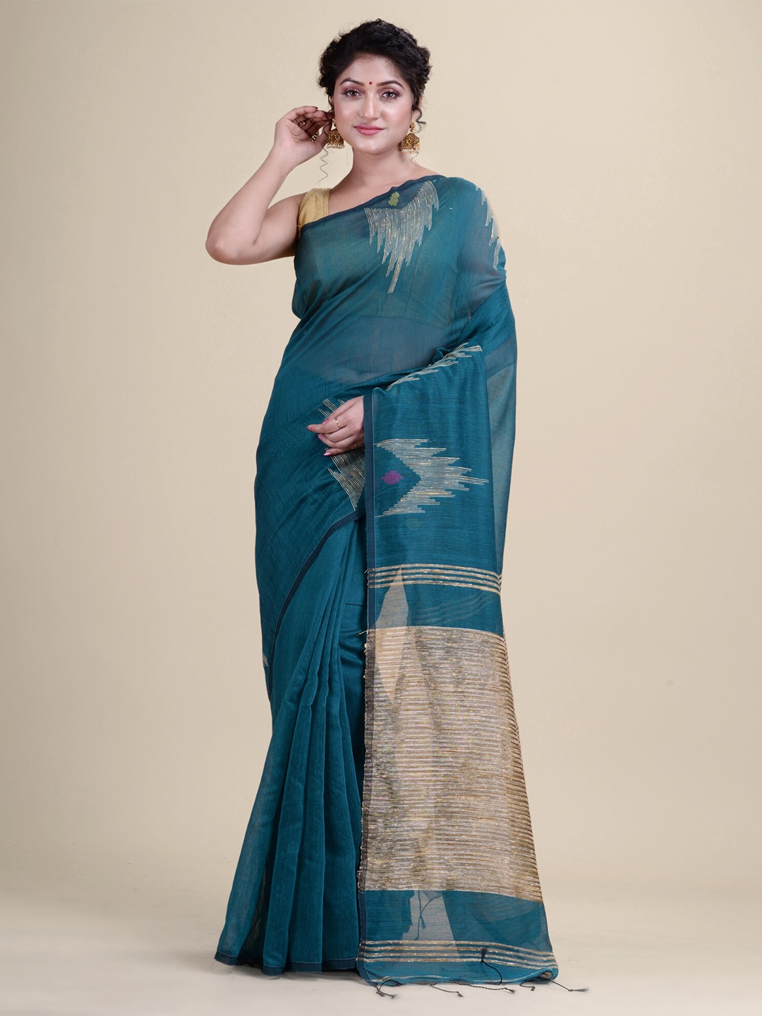 

Laa Calcutta Ethnic Motifs Woven Design Silk Cotton Saree, Green