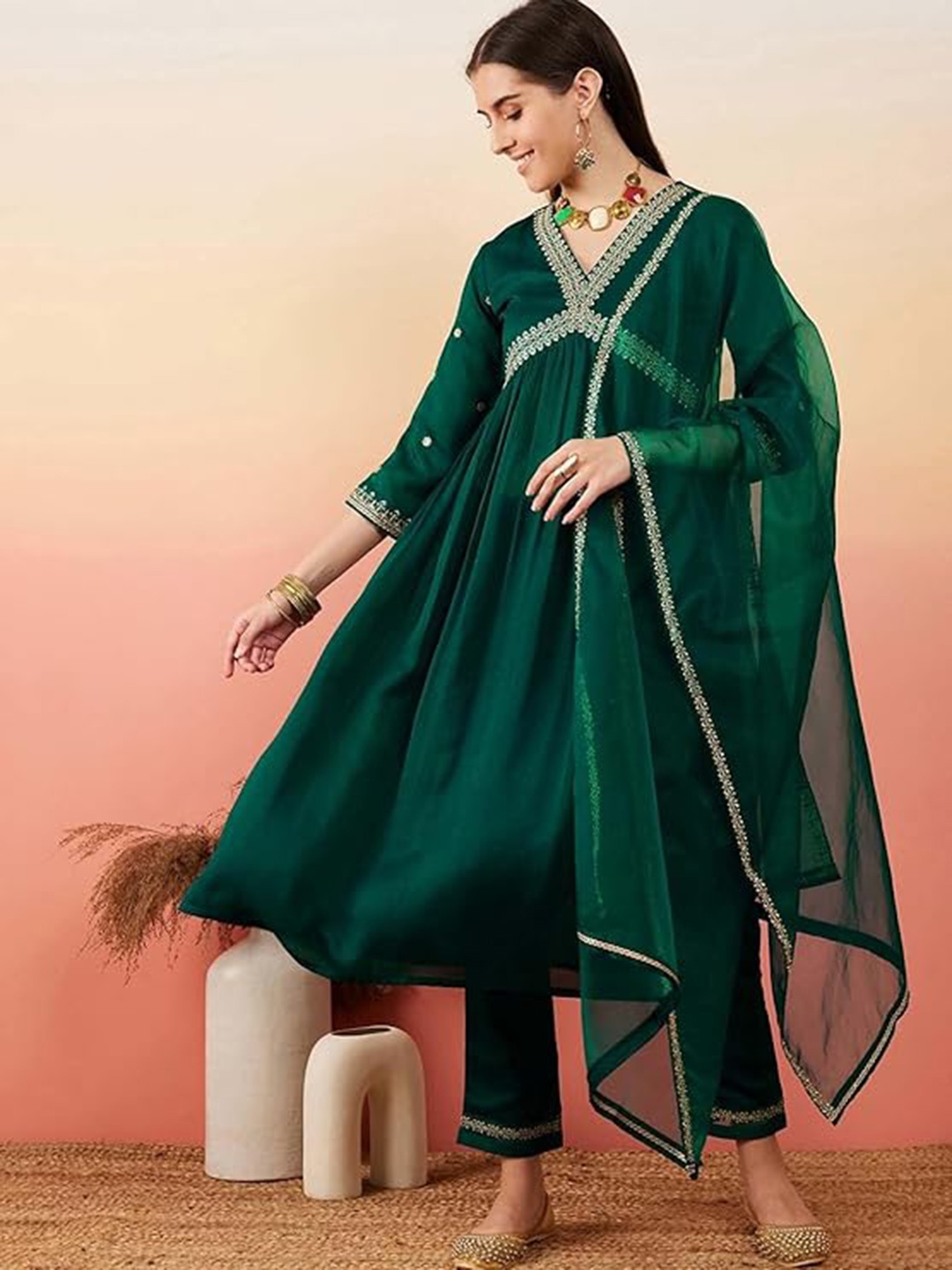 

KALINI Floral Embroidered V-Neck Georgette Anarkali Empire Kurta with Trousers & Dupatta, Green