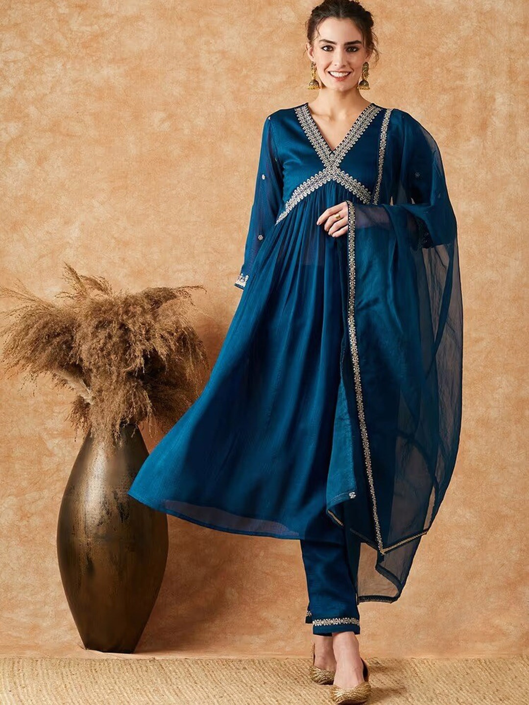 

KALINI Floral Embroidered V-Neck Thread Work Kurta With Trousers & Dupatta, Teal