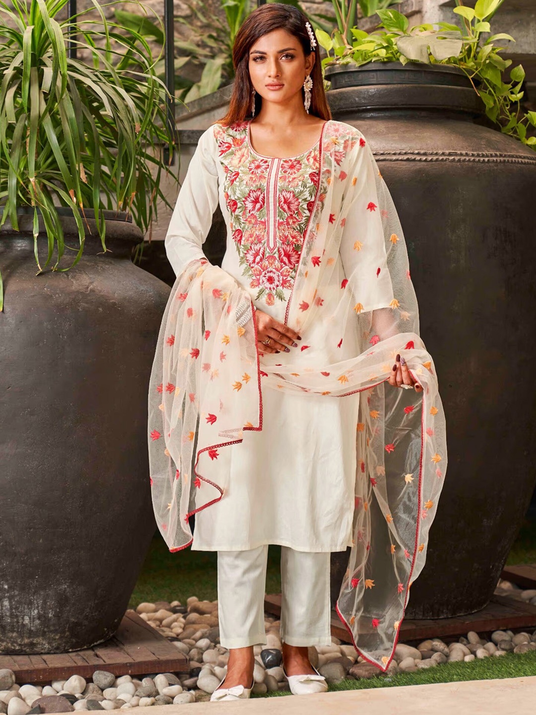 

KALINI Floral Embroidered Round Neck Kurta with Trousers & Dupatta, White