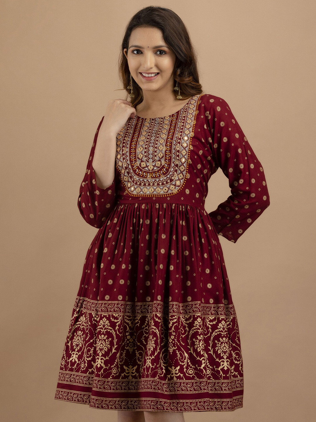 

BAESD Ethnic Motifs Print Fit & Flare A-Line Dress, Maroon