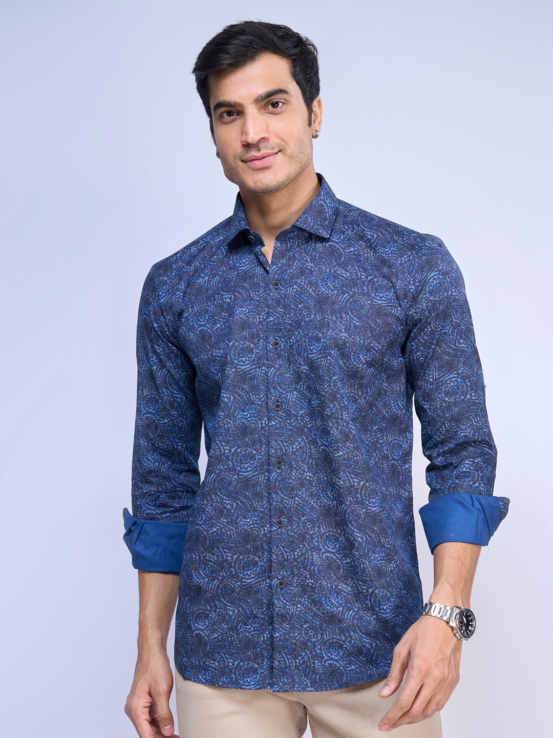 

MARK & ALBERT Slim Fit Printed Opaque Casual Shirt, Blue