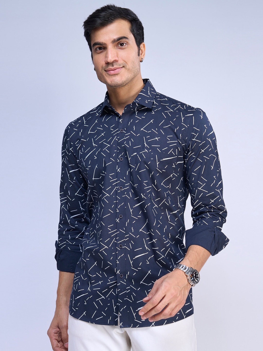 

MARK & ALBERT Slim Fit Linen Floral Opaque Printed Casual Shirt, Navy blue