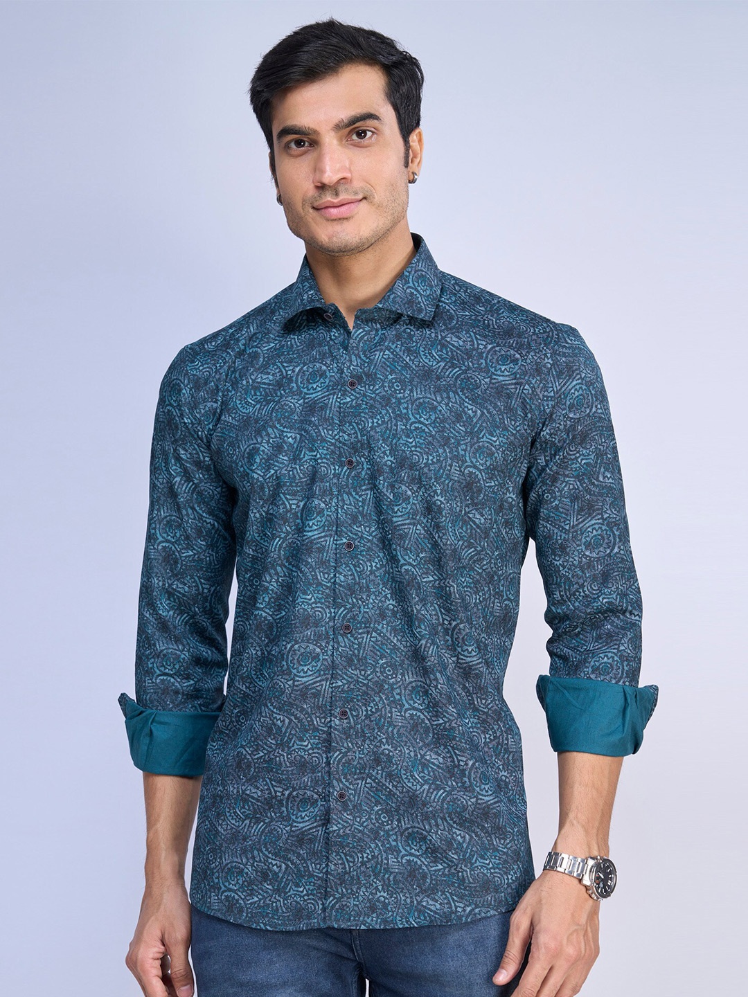 

MARK & ALBERT Slim Fit Floral Opaque Printed Cotton Casual Shirt, Green