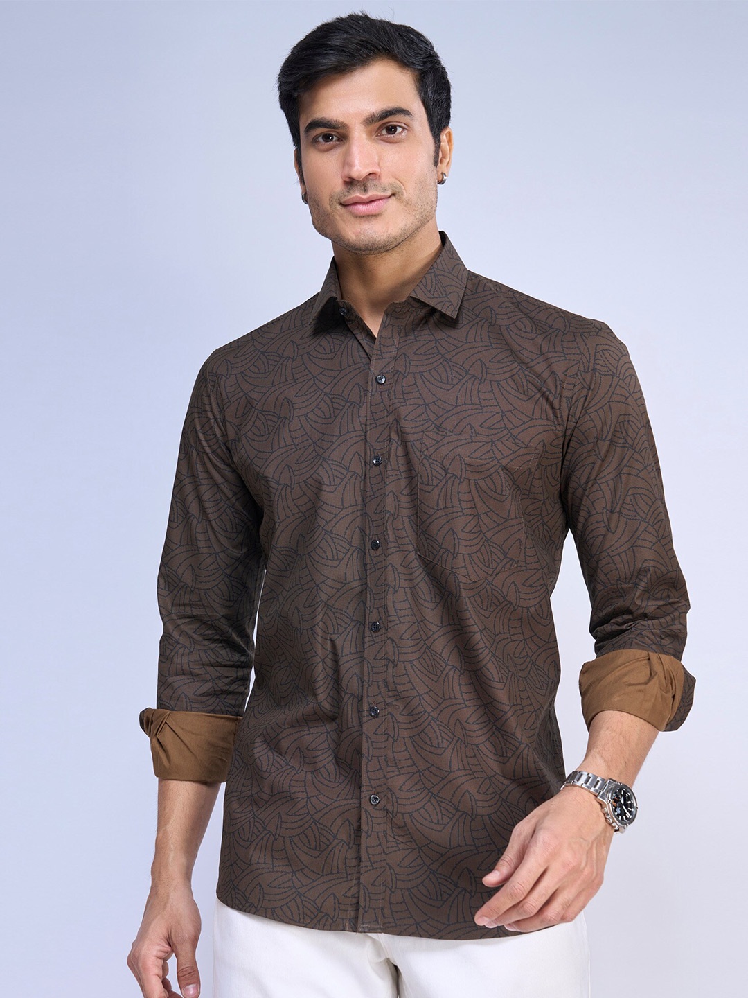 

MARK & ALBERT Slim Fit Printed Opaque Cotton Casual Shirt, Coffee brown