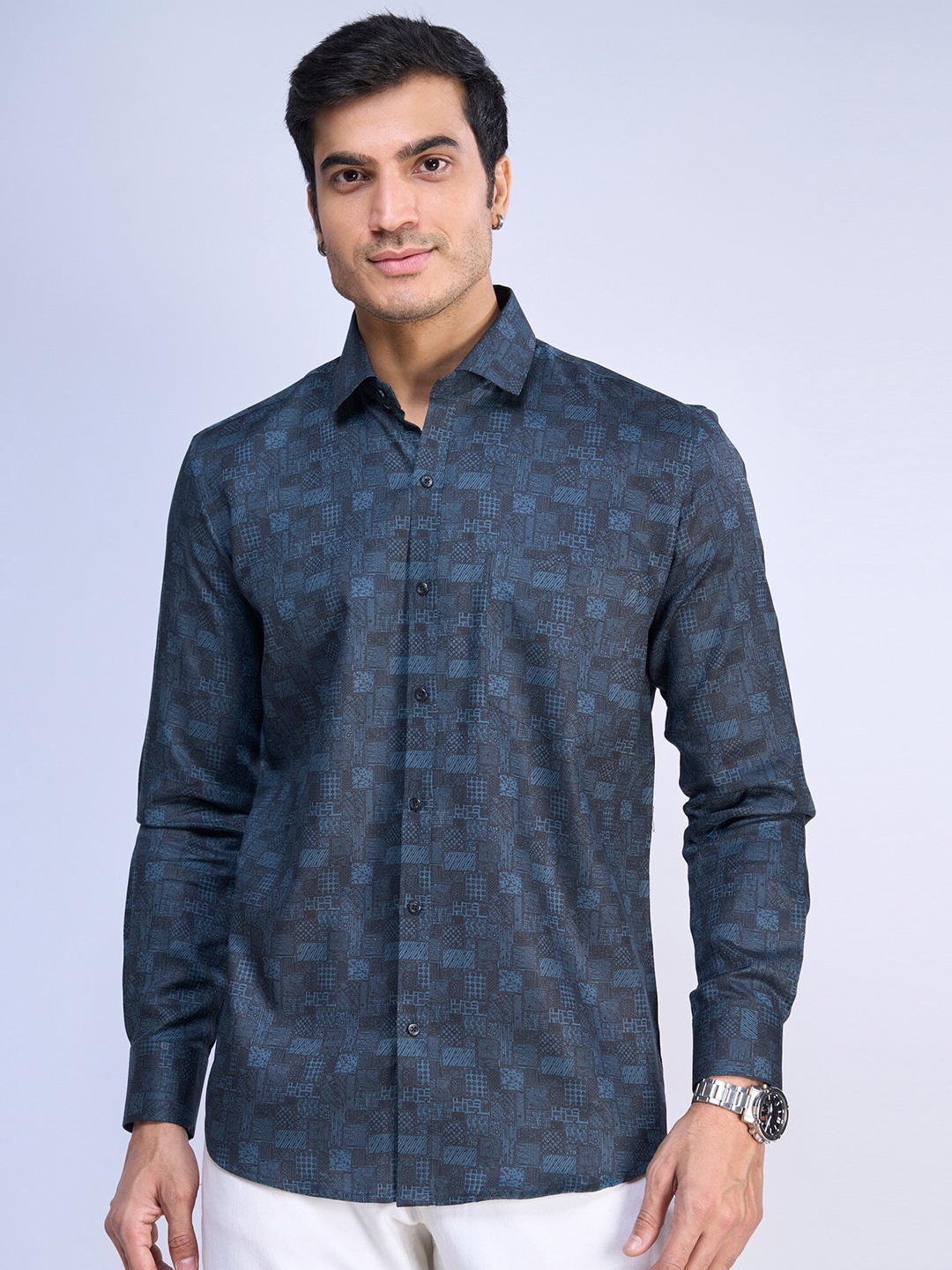 

MARK & ALBERT Slim Fit Cotton Opaque Printed Casual Shirt, Blue