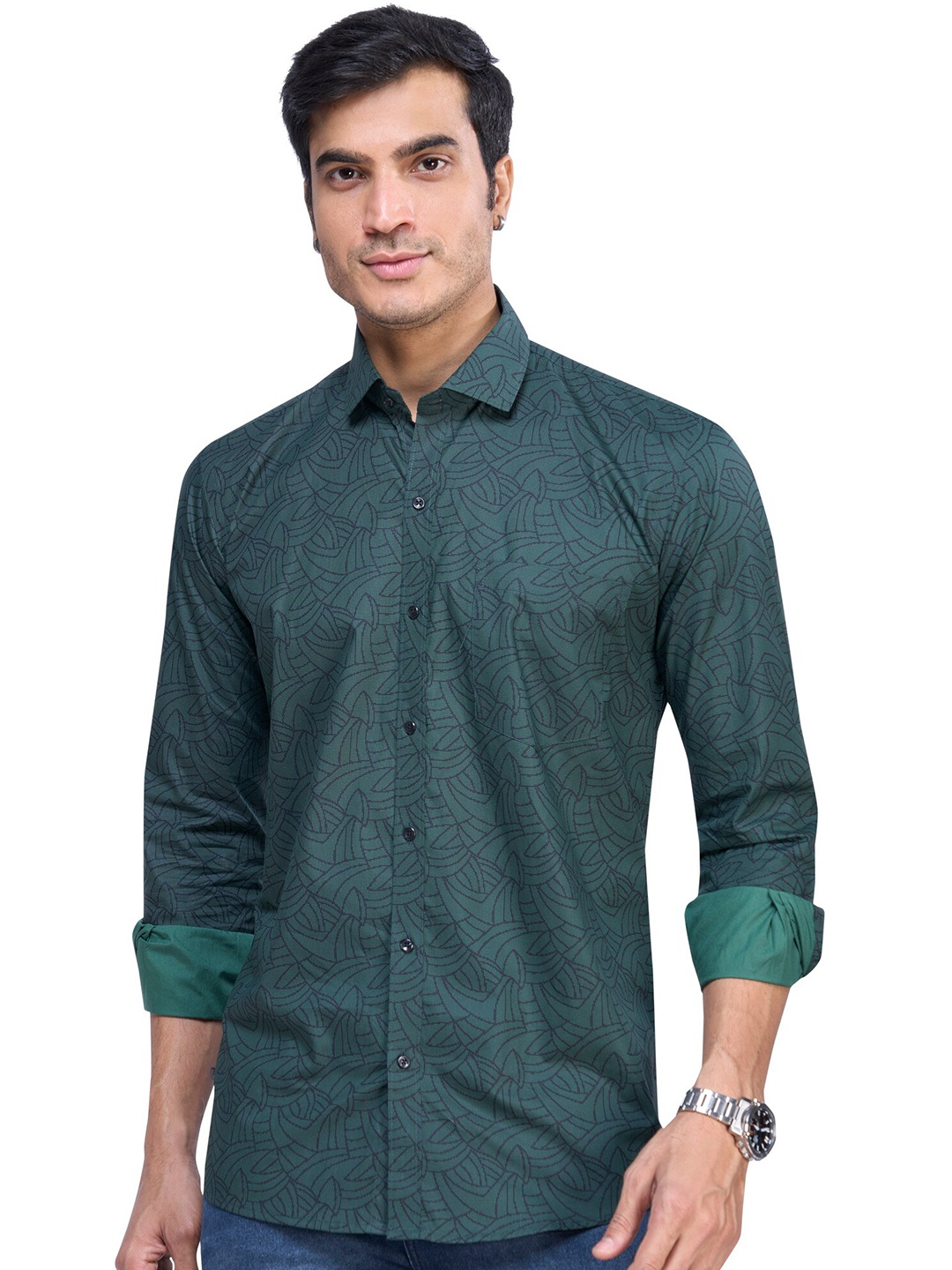 

MARK & ALBERT Slim Fit Cotton Floral Opaque Printed Casual Shirt, Green